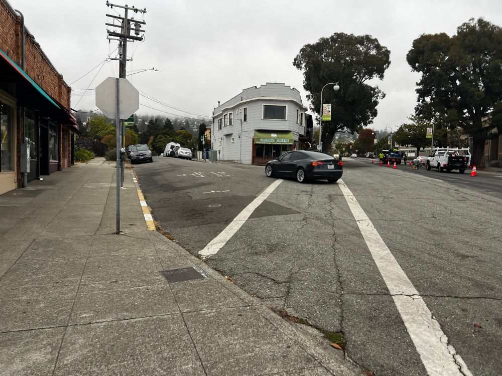 View of the very long diagonal crosswalk at Tacoma & Solano Avenues, looking eastward on Solano. 