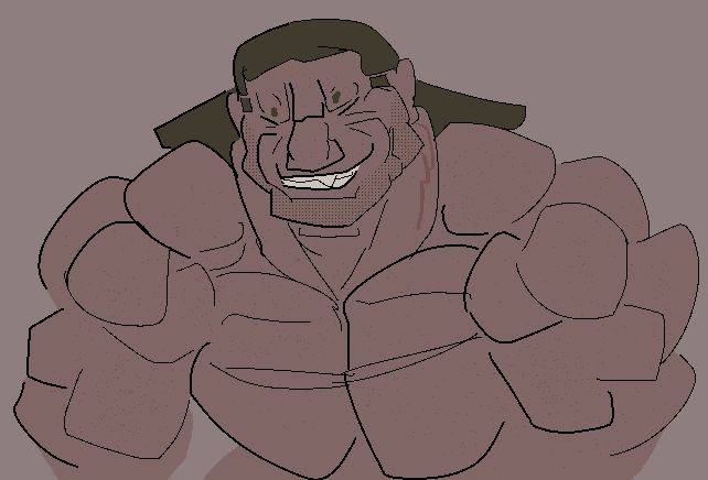 Human Livewire with a cheeky smile. His jaw is just as meaty as the rest of his body. Acne covers his body.