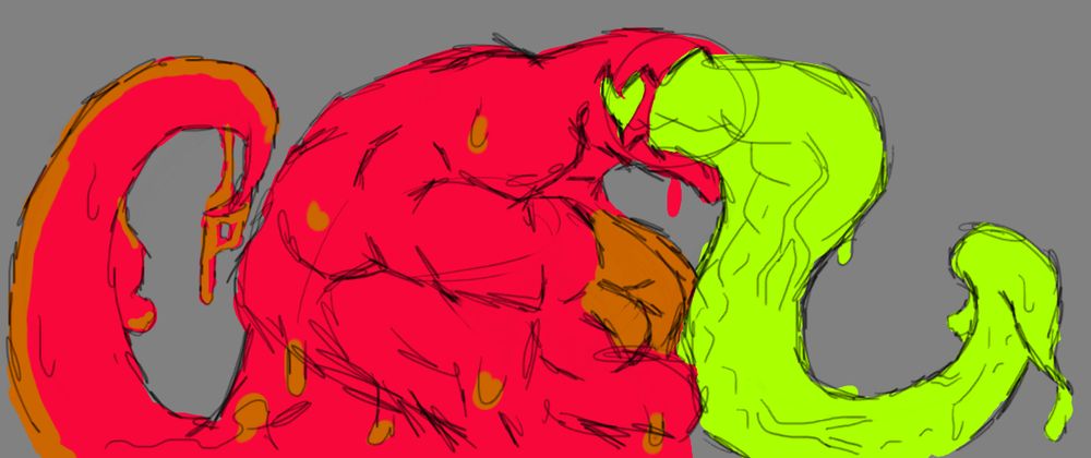 Goo monster with a hot pink body, light brown highlights, and a neon green tongue. The tongue is shredded and riddled with veins.