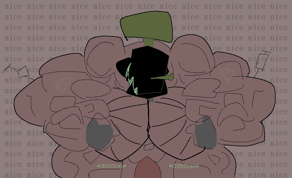 Livewire the protogen, in the nude save for his gloves and dog tag.
He's crab flexing as hard as he can but his groaning and creaking muscles obstruct it somewhat.
Two empty needles are stuck on the ends of his arms.
In the background is a repeating pattern of the word "nice", as a nod to a certain someone's series of scribbles.