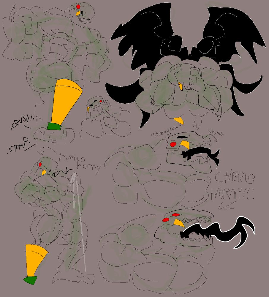 Various doodles of Lord English from Homestuck.

Stomping something with YCH on it, using his cuestick pegleg.

Mogging you, the viewer with a very meaty jaw.

Putting his hands on his head, as he sprouts... wings?

Gooning to high hell, like a horny human would do.

Creaking and stretching his skull head into a serpent head, with a snakier fork tongue, signifying he's horny like a cherub.

(Doodles for 11/11!)