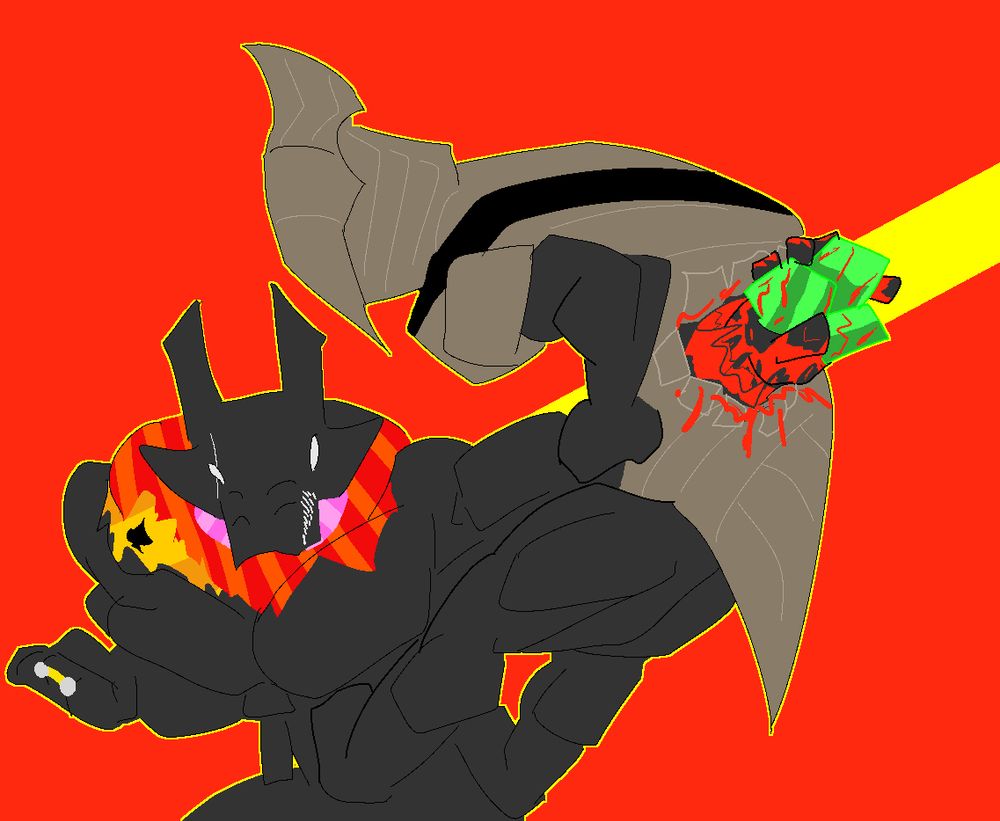 Bec Noir and Wayward Vagabond from Homestuck.
Bec Noir aggressively jabbing his hand right through WV's abdomen, and grabbing a green rock from inside of it. The rock and his hand show from the other side of his body, with blood splattered all over the jab site.