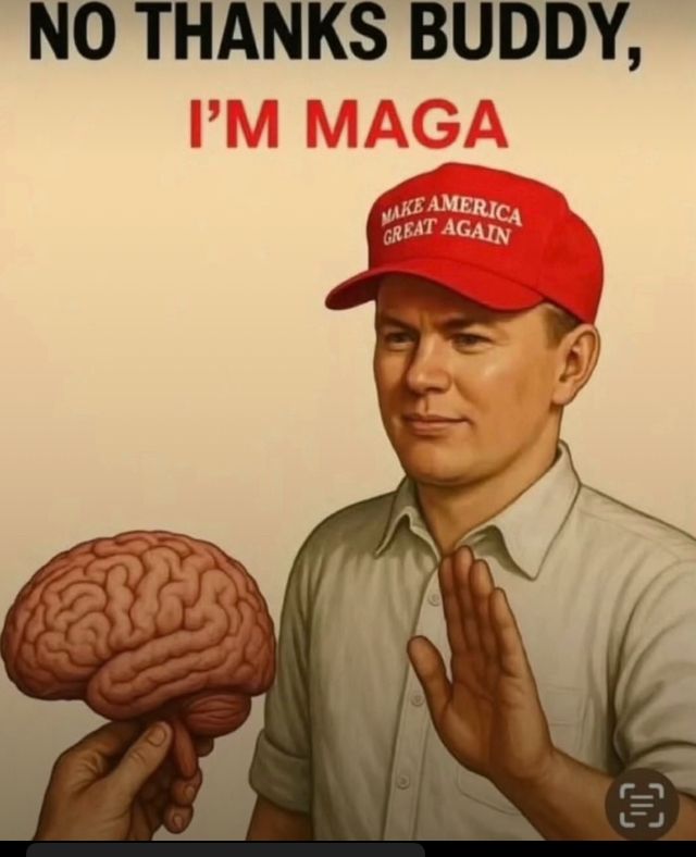 
An illustration of a man holding a brain out to a man wearing a MAGAt hat. The man in the hat states, “No thanks buddy, I’m MAGA.”