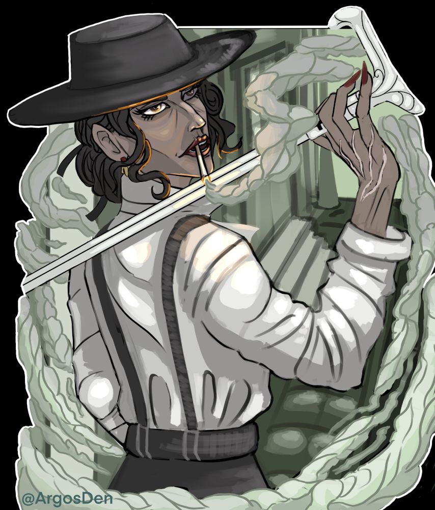 Shown is a female character in a back alley holding a sword cane over her shoulder while smoking a cigarette