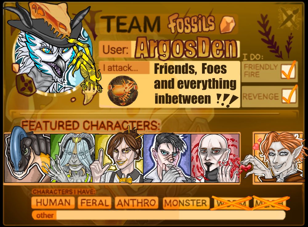 Team card for artfight 2025 team fossil, showing all my characters 