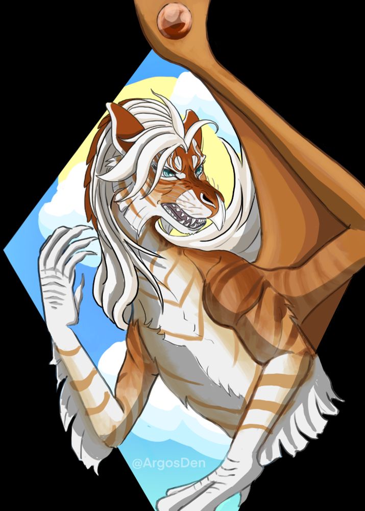 Shown is a dragon OC belonging to @sezaii it's a cut out half body shot with a simple sky background 
