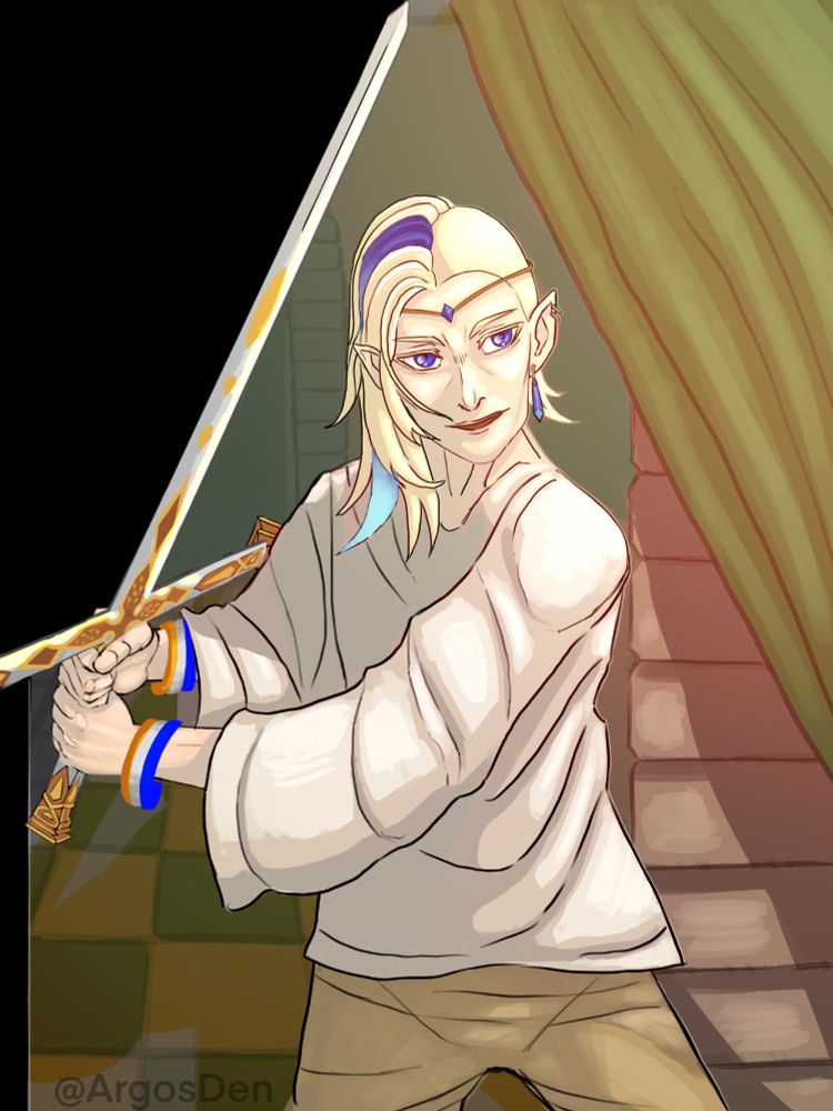 Shown is a character in a doorway holding a sword with both hands 