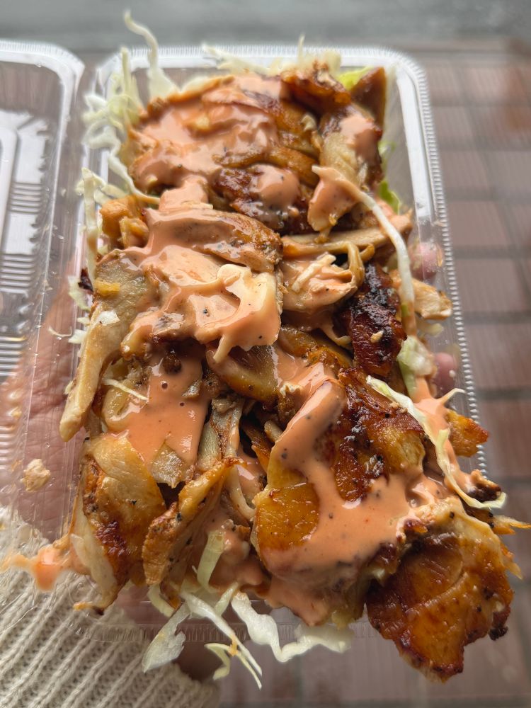 ケバブ。キャベツの上に肉がのっている。ソースは中辛。