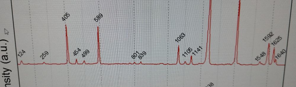 Gráfico de espectroscopia Raman, uma linha vermelha horizontal ocasionalmente interrompida por picos bem finos de várias alturas