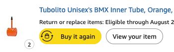 Screenshot showing an online marketplace entry entitled "Turbolito Unisex's BMX Inner Tube, Orange" and showing a photo of a bicycle inner tube.