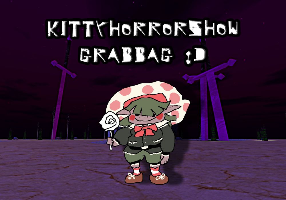 Cap holds a white swirly lollipop in a barren purple world, there are large swords piercing the ground in the background.
The image is titled Kitty Horrorshow Grabbag :D