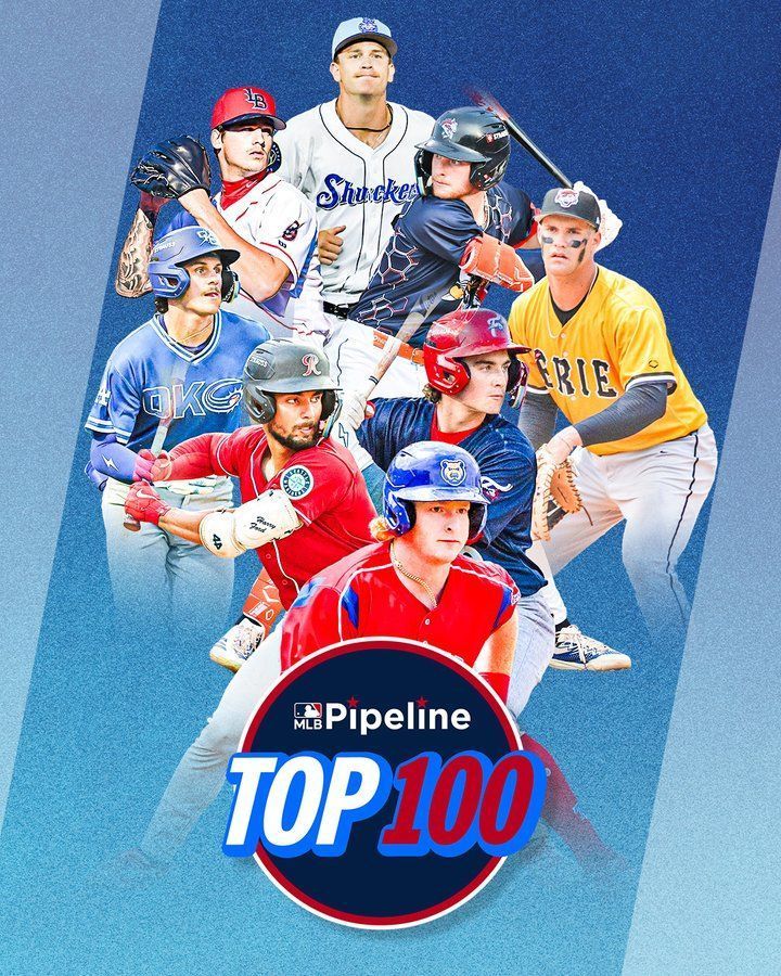Against a blue background, images of Biloxi's Cooper Pratt, Louisville's Chase Petty, Binghamton's Carson Benge, Oklahoma City's Kyle Freeland, Erie's Josue Briceno, Tacoma'a Harry Ford, Reading's Aidan Miller and Iowa's Owen Caissie.

MLB PIPELINE
TOP 100