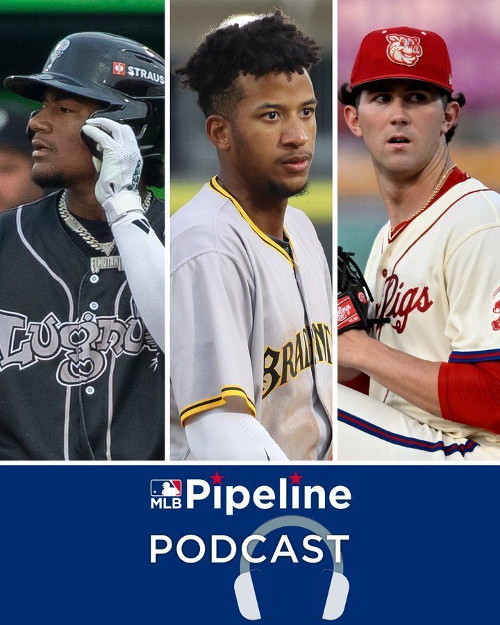 Images of Leo De Vries in a black Lansing jersey, Edward Florentino in a great Bradenton jersey, Andrew Painter in a cream Lehigh Valley jersey

Against a blue background,
MLB PIPELINE
PODCAST