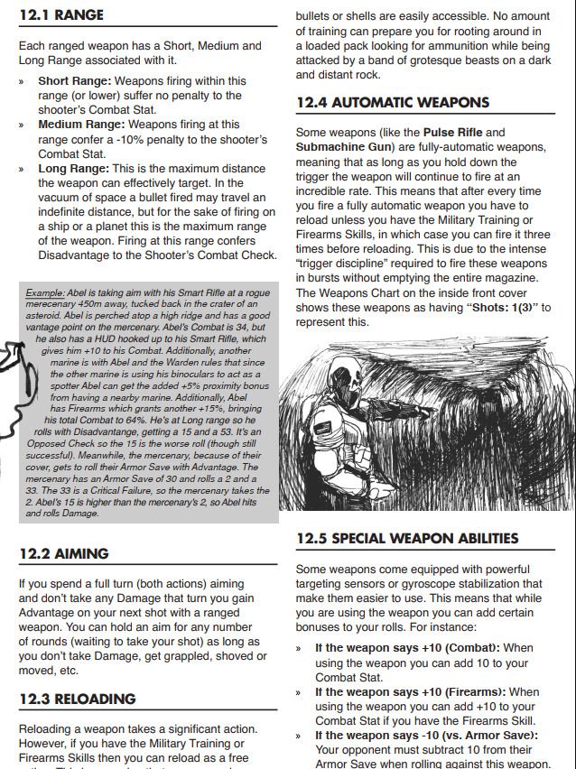 page from Mothership, it is in a double-column format with a mix of large headings, paragraphs, and bullet points. a picture of a spooky astronaut takes up about an eighth of the page