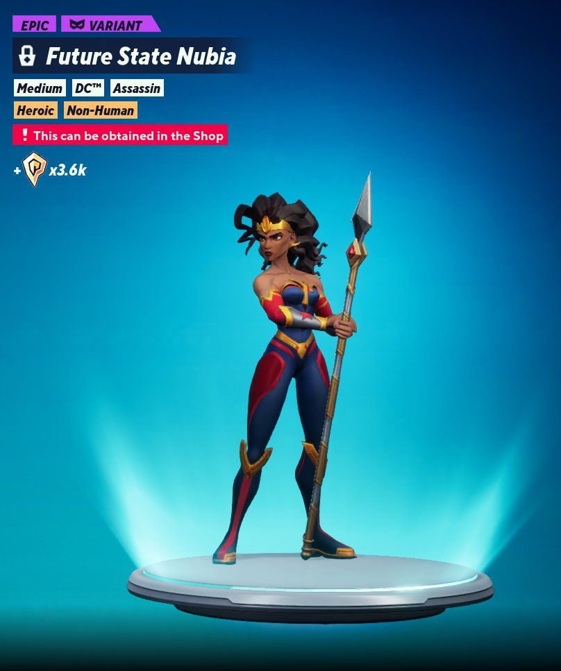 Photo of a screenshot from the game MultiVersus that depicts Nubia wearing a skin based off of her outfit from the comic future state.