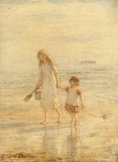 "The Careful Sister" painting by Hugh Cameron.
A young girl walks hand in hand with her younger sister along a Scottish beach.