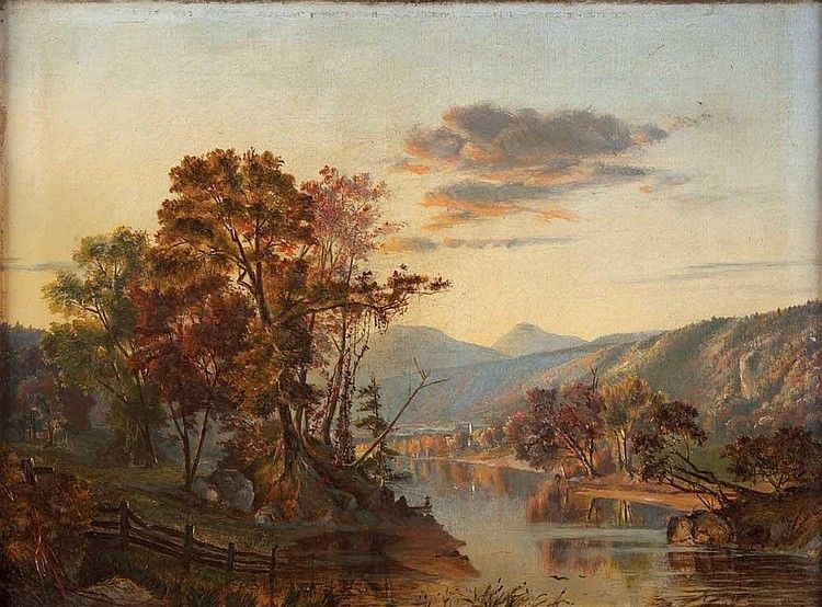 An idyllic river scene with trees and pastures along the shore of a placid river.