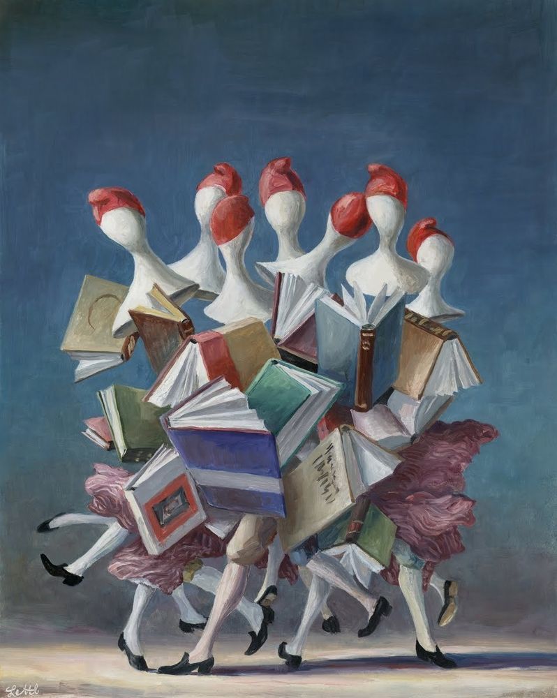 "1789" painting by Wolfgang Lettl 
An abstract painting of seven female figures appearing to dance interspersed with various open books.