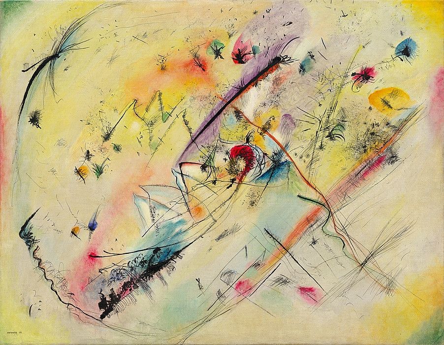 An abstract painting by Kandinsky not meant to represent any object, but rather to use color and form invoke the feelings of joy and awe that music does without words or analytical thought being necessary.