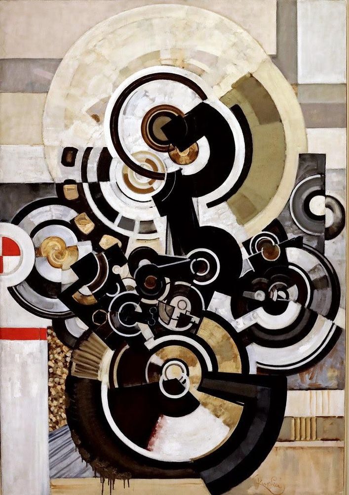 An early example of Orphism, an abstract painting style that blends color theory, music theory, and curved geometric forms to create works of pure visual abstraction.  The intent is to move the viewer without conscious thoughts the way music does 