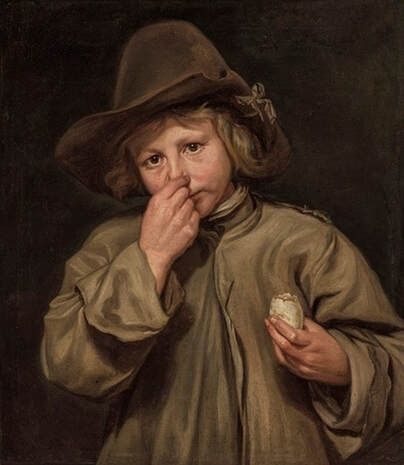 "Sense of Smell" Michaelina Wautier 

From a series of paintings depicting the five senses, a young boy holds a rotten egg in his left hand while pinching his nose with the right hand.  Wautier was a master at depicting natural light.