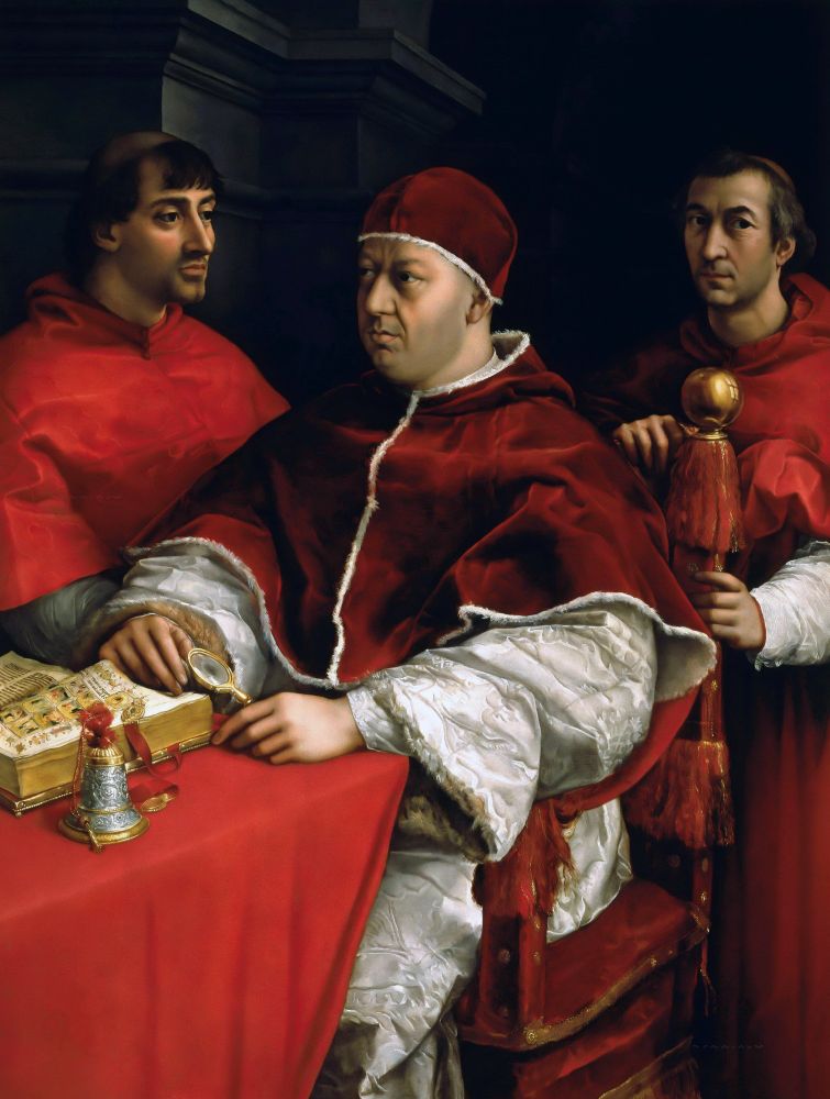 Pope Leo X shown in a candid pose reading scripture. Two personal attendants stand nearby.