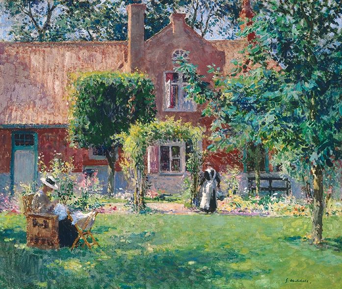 A woman sits in a chair in a garden while another woman walks towards the house in the background.  Trees and flowers adorn the yard.