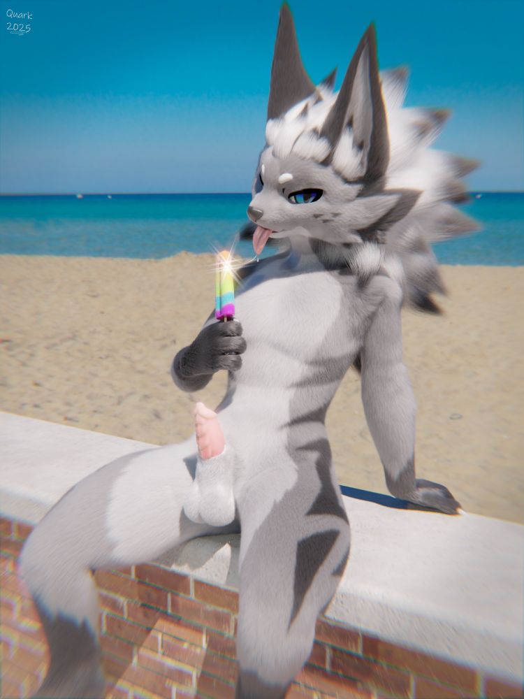 Nova on beach licking a popsicle