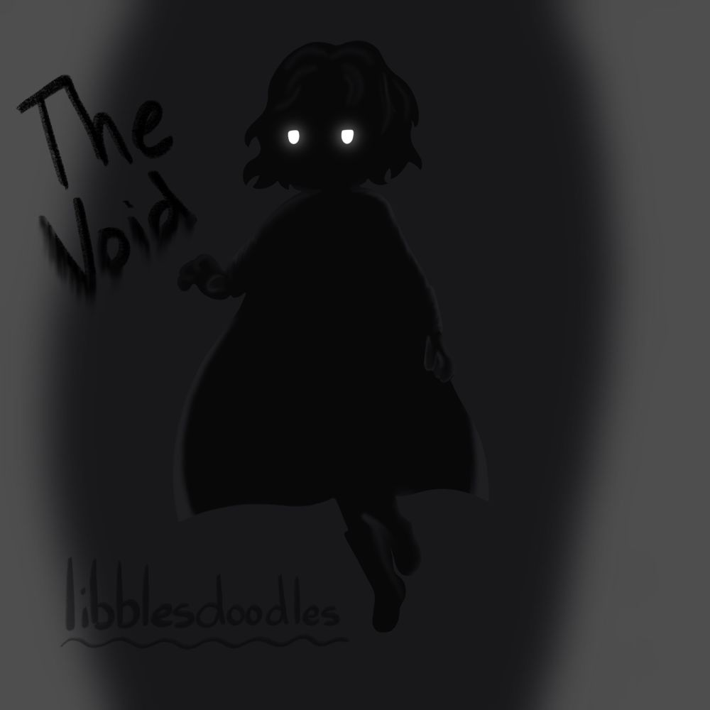 A silhouette of the Void floats in the air with smudged text saying “The Void” next to it. Two glowing eyes are the only features seen.