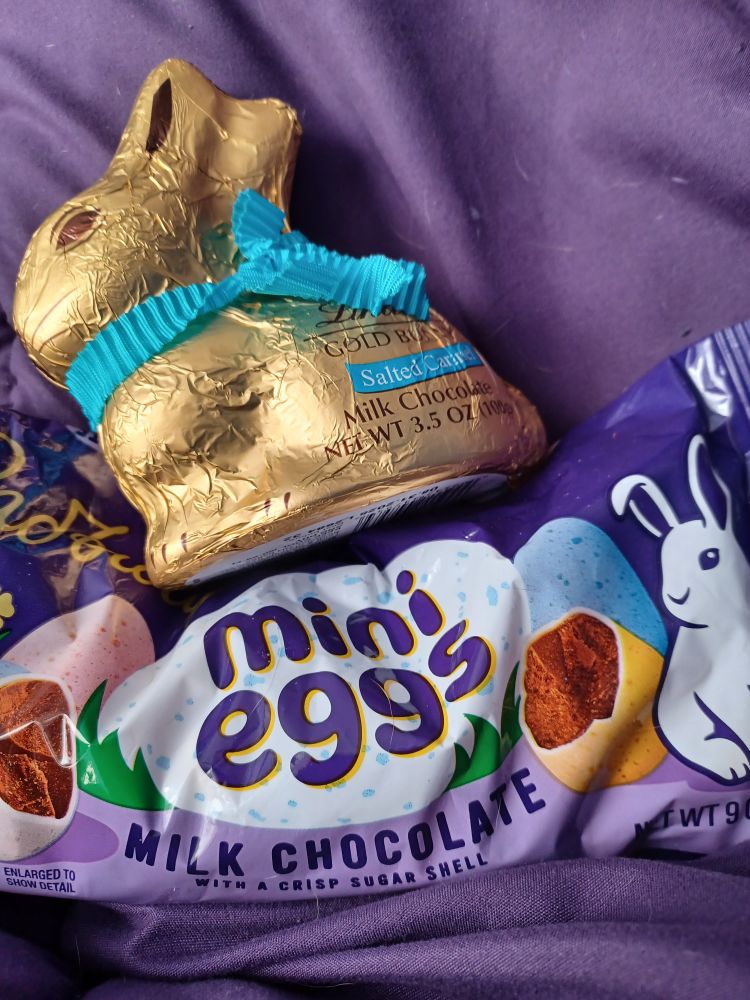 Chocolate Easter bunny and eggs.