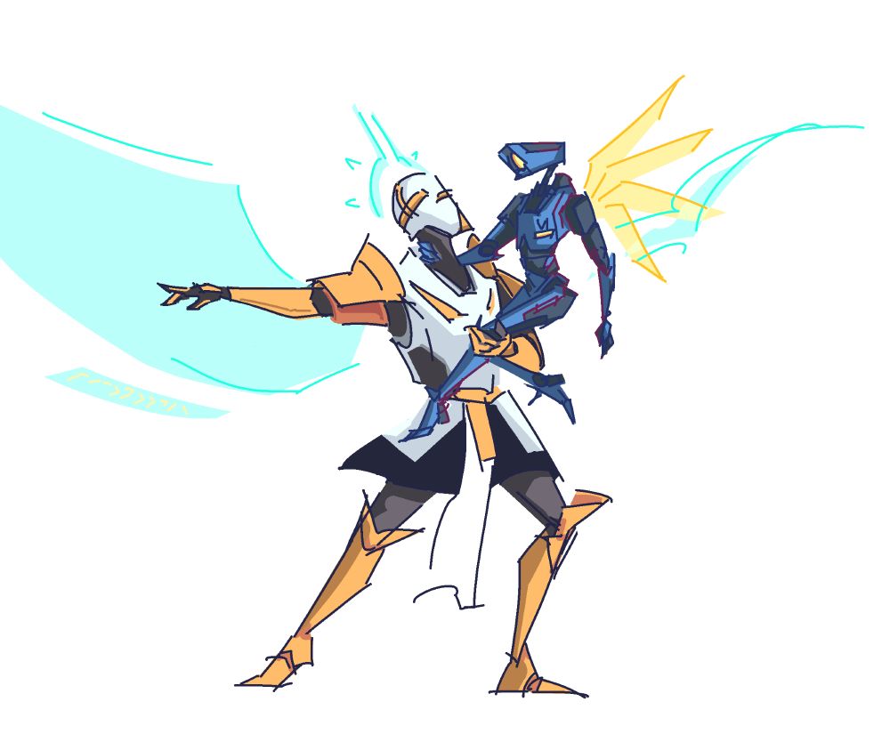 digital drawing of v1 and gabriel. gabriel is in a lunging position, left leg forward, right arm extended out to his side, and wings spread behind him. gabriel is holding v1 aloft in his left arm, where it is sitting comfortably, holding on to the back of gabriel's neck for support.