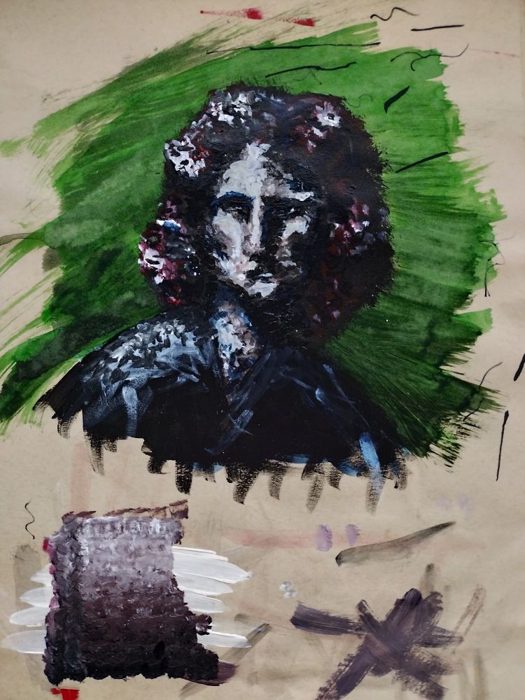 An acrylic portrait of a person with big hair