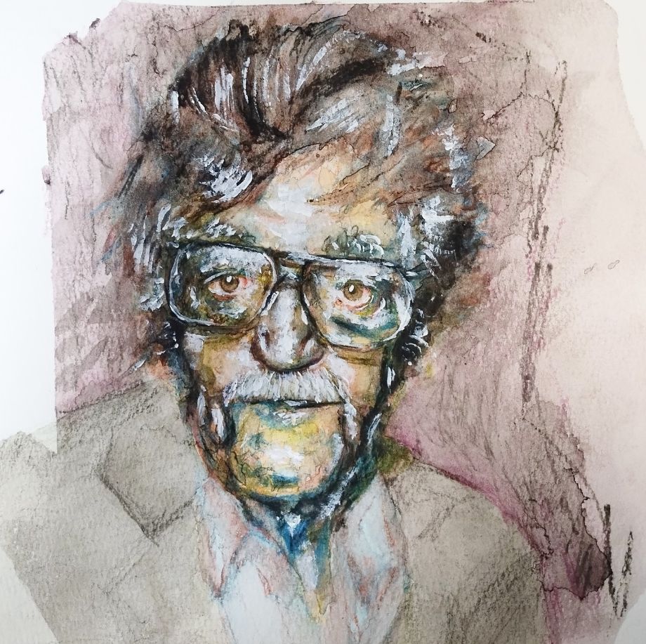 Mixed media watercolor and acrylic portrait of Kurt Vonnegut