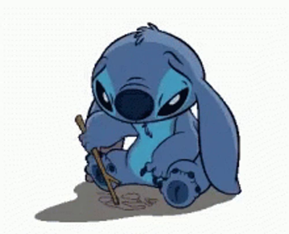 stitch is sitting down and holding a stick