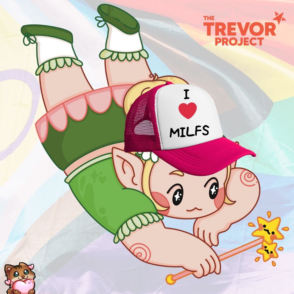 MJ’s og pngtuber faerie chibi wearing a trucker hat that says “I ❤️ MILFS” in front of the lgbtqia+ flag