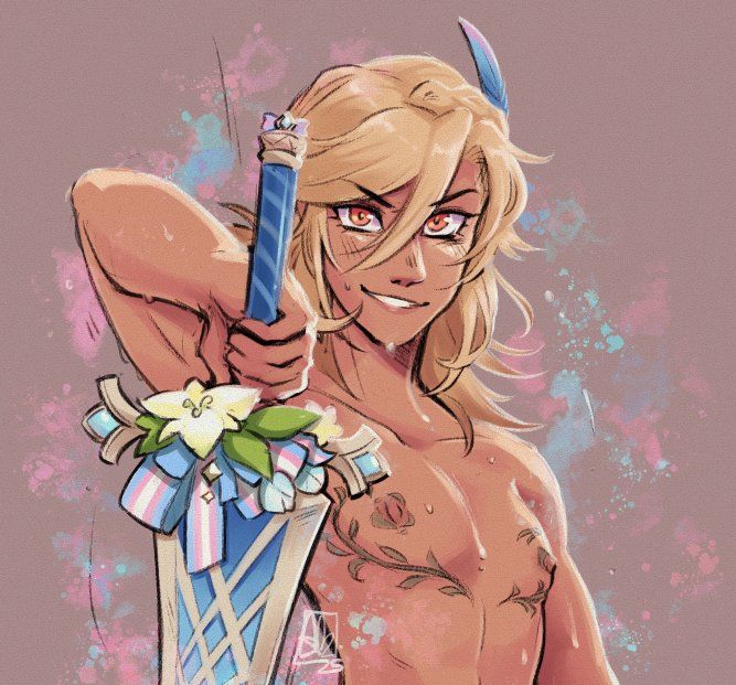 kaveh genshin impact shirtless and sweaty and smiling at the viewer. top scars with vines tattooed over are on full display, and he holds the mailed flower claymore in one hand. its usual ribbons are replaced with ones in trans flag colours