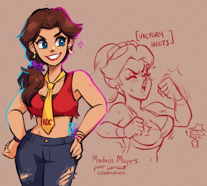 two sketches of Pauline. The left one is coloured- she stands confidently with her hands at her hips. Her hair is tied in a low side pony with a purple scrunchie. She is wearing ripped blue jeans, a red crop top with a black sports bra underneath, and a yellow New Donk City tie. The right sketch is of her in workout gear, beating her chest like a gorilla and giving victory hoots while a stunned new donker is caught off guard by her badonkers.