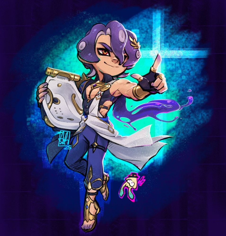 Dr. Veritas Ratio's splash art, except he's an Octoling wielding a Bloblobber. A teeny weeny Aventurine squid stares up at him in shock from the bottom right corner.