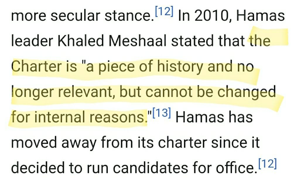 In 2010, Hamas leader Khaled Meshaal stated that the Charter is "a piece of history and no longer relevant, but cannot be changed for internal reasons." Hamas has moved away from its charter since it decided to run candidates for office.
