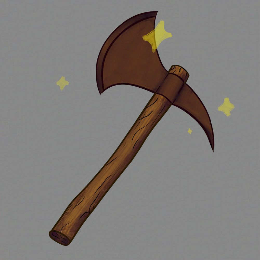 an illustrated axe on a grey background, with a grainy and slightly bent oak handle, shaded semi-realistically. The head of the axe is darker than the handle, made of a dark walnut, and shaded in a similar style. The axe head has one large side that is curved outwards, meant as the cutting side, and one side that is curved downwards like half of a pick-axe. Four-pointed stars of varying sizes surround the axe head, slightly transparent. One large star overlaps the cutting side of the axe. 
