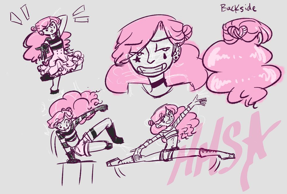 the image shows the same character in various poses showing how flexible and spry she is. there is also a close up of her face to show she's a bit of a little shit personality wise. there is also a backside to show how the hair is stylized because the rules do not matter anymore