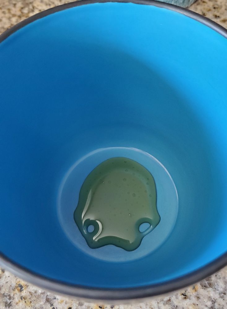 inside of a blue lined coffee mug is a ovalish shapee blob of honey. towards the bottom are two holes to either side which could be mistaken for eye holes. also looks like it's missing a jaw bone.