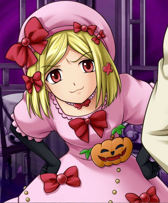 Lambdadelta from Umineko leaning forward with a cat-like smile and her hands on her hips