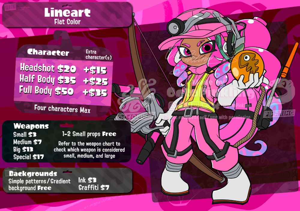 Lineart Prices:

Characters:
Headshot $20 Extra character +$15
Half Body $35 Extra character +$25 
Fall Body $50 Extra Character +$35
Four characters Max

Weapons:
Small $3
Medium $7
Big $13
Special $17

1-2 Small props FREE