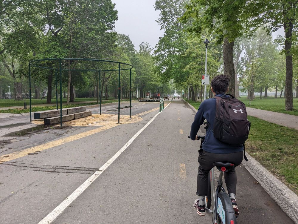 Cyclist riding on a two way bike lane through on a tree lined street