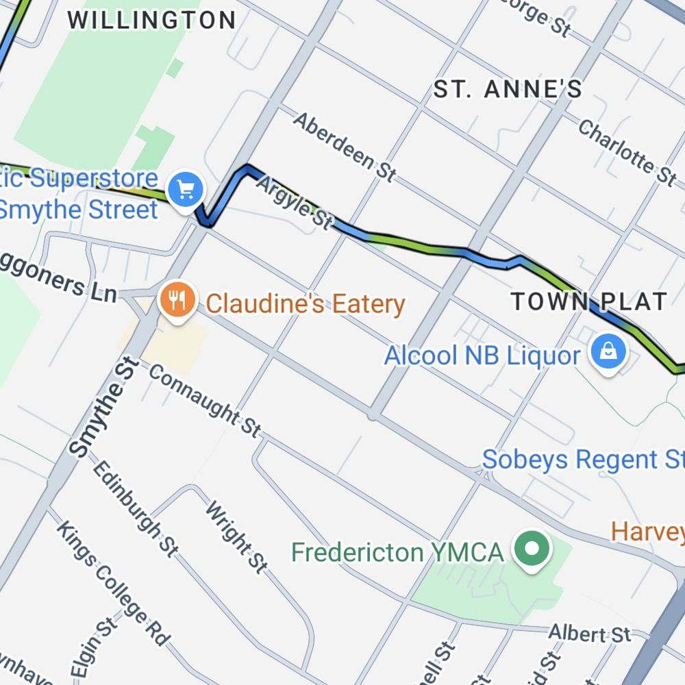 A street map of downtown Fredericton showing a coloured path