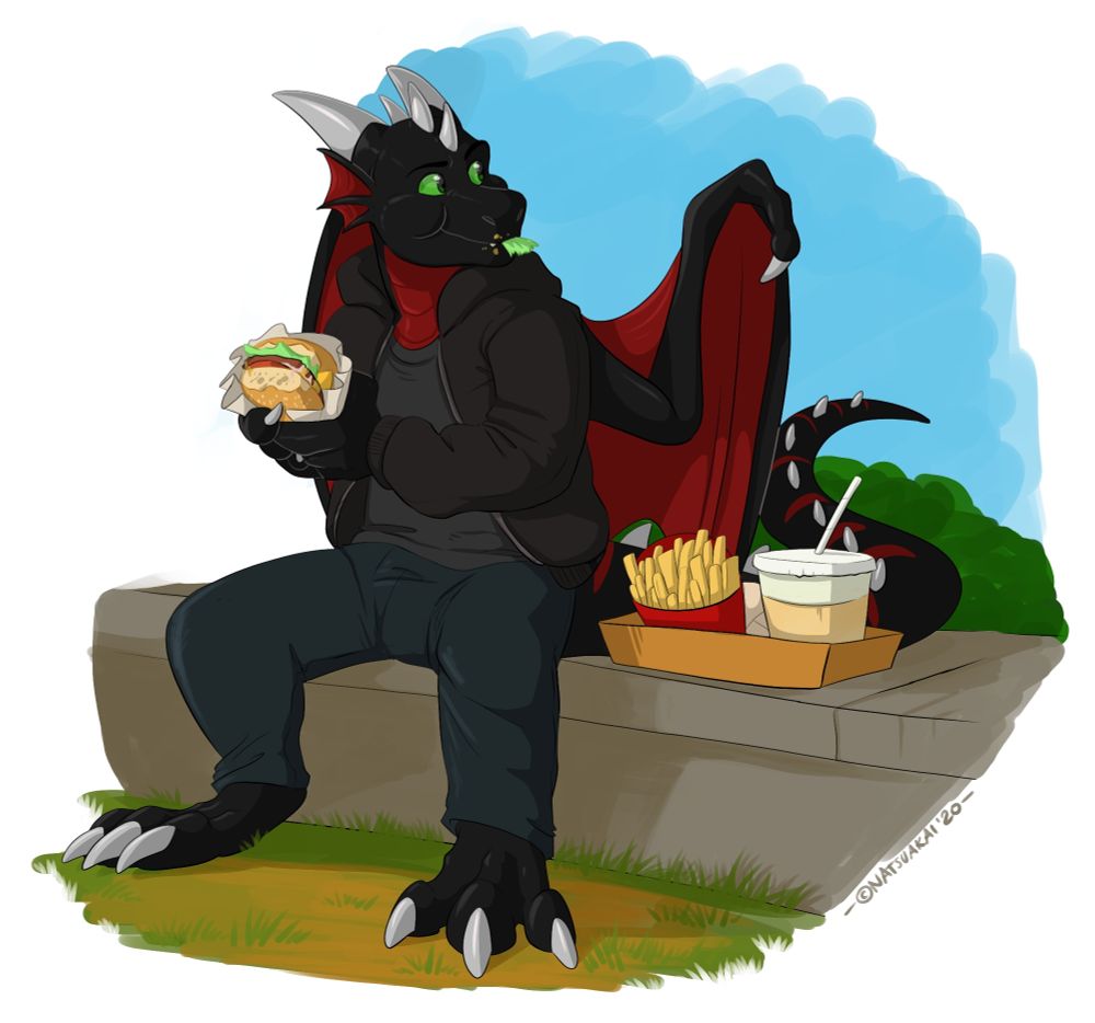 Ceanoth the dragon eating a burgir and fries
