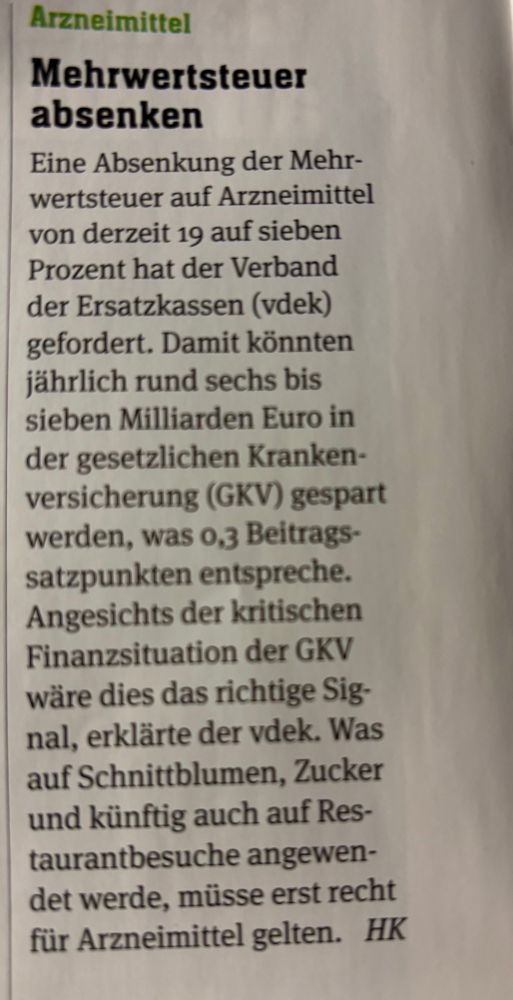 Foto eines kurzen Zeitungsartikels über die Forderungen des VDEK die Mehrwertsteuer auf Arzneimittel zu senken.