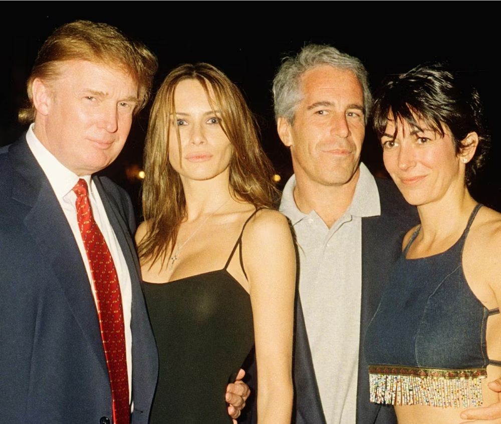Trump and Epstein with Melania and Ghislaine. 2 of the 4 have been convicted as child sex offenders. In 2021 Ghislaibe was found guilty of child sex trafficking and other offences in connection with the deceased financier and convicted sex offender Jeffrey Epstein. The following year, she was sentenced to 20 years of imprisonment in the United States.