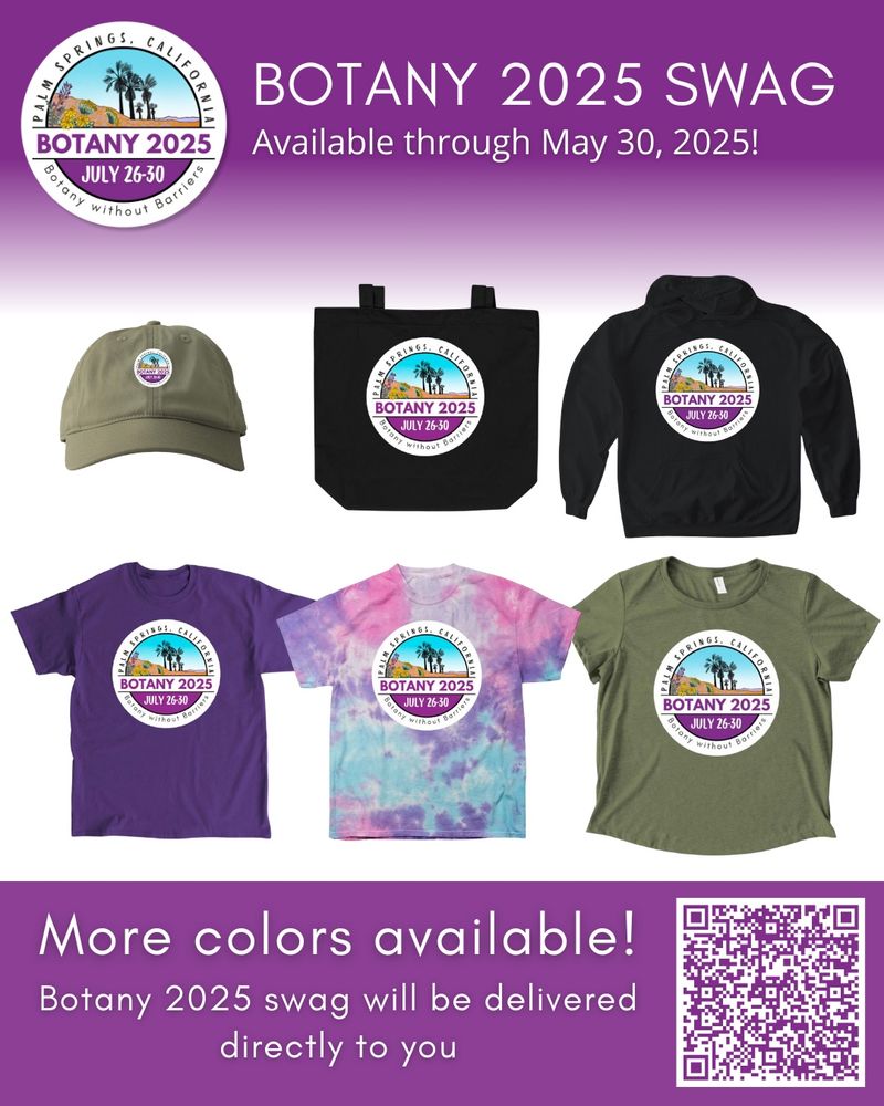 This image shows swag that can be purchased this year for Botany 2025. There is a deadline of May 30th for ordering and a note that the swag will be delivered. The QR Code goes to: https://www.bonfire.com/store/botany-2025/?utm_source=copy_link&utm_medium=store_page_share&utm_campaign=botany-2025
